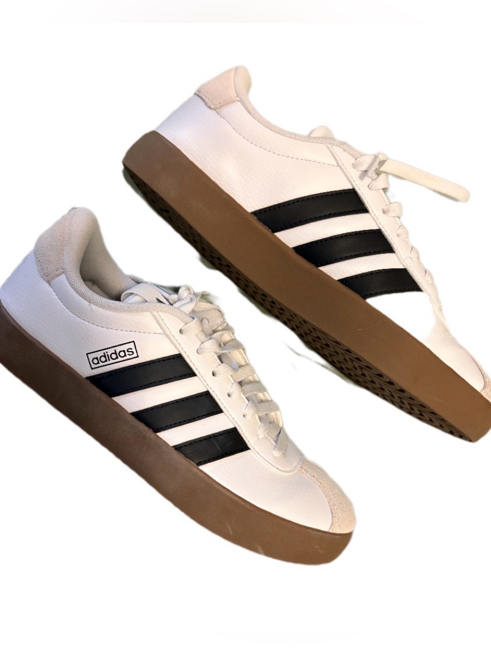 adidas White Sneakers with Black 3-Stripes and Gum Sole